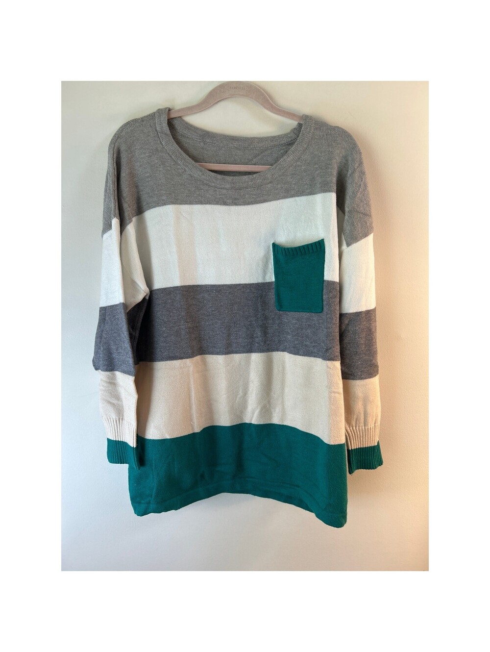 Womens 2XL Colorblock Sweater Gray Ivory Teal Oversized Pocket Pullover